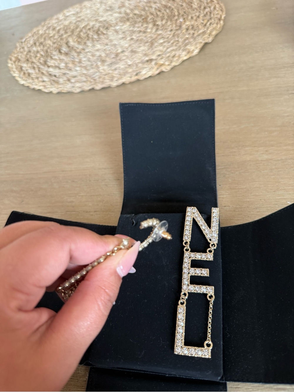 C HANEL Crystal Logo Drop Earrings - Silver Tone - Picture 4 of 5